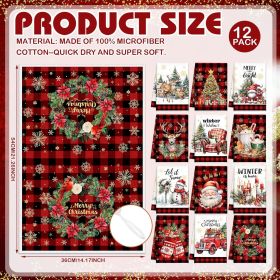 12 Pcs Christmas Kitchen Towels and Dishcloths Absorbent Merry Christmas Tree Reindeer Truck Santa Claus Hand Dish Tea Towels Plaid Decoration fo